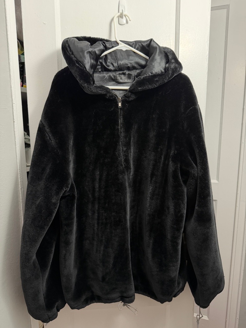 Black Plush Faux Fur Hooded Jacket